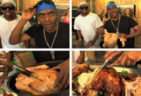 A couple of black guys prepare a Thanksgiving dinner.