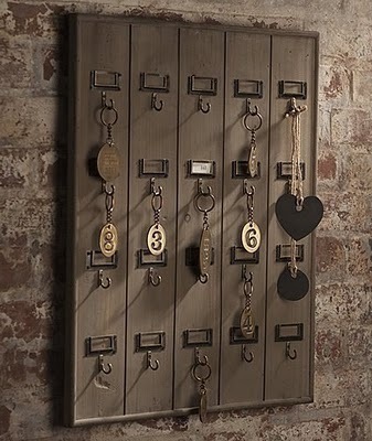 Key rack with keys on wall.