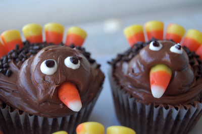 Two chocolate cupcakes decorated like turkey birds.