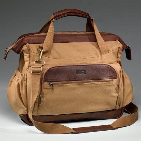 A large, light brown leather purse.