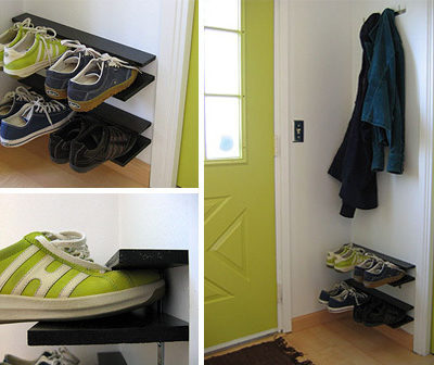 Shoe rack attached to the wall.