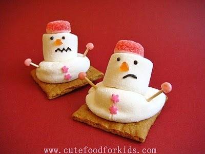 Two marshmallow snowman are melting on top of graham crackers