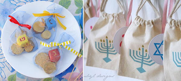A couple Hanukkah sacks next to a plate of cookies.