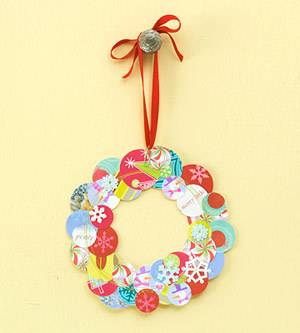 Greeting cards cut into circles and glued together to create a wreath