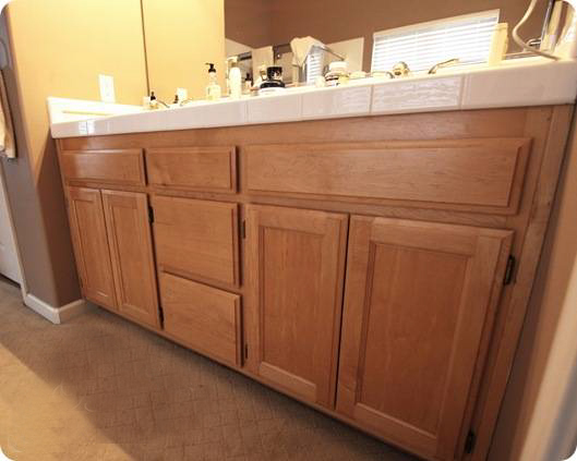 A knee high shot of an oak bathroom vanity cabinet.