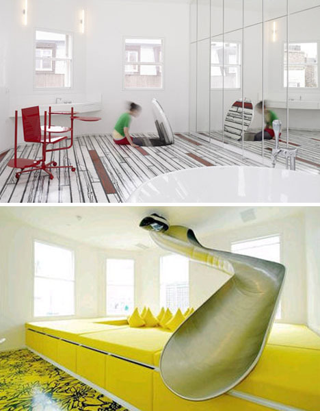 " A  secret indoor slide connecting top and bottom rooms"