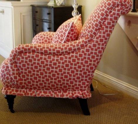 Red color with white design pattern reupholster chair.