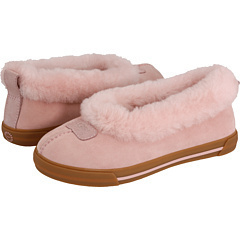 Pink womens' shoes with furry tops.