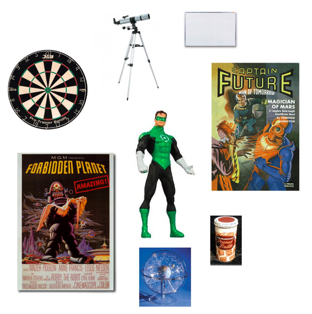 Gifts include a dartboard, a telescope and pop culture items.