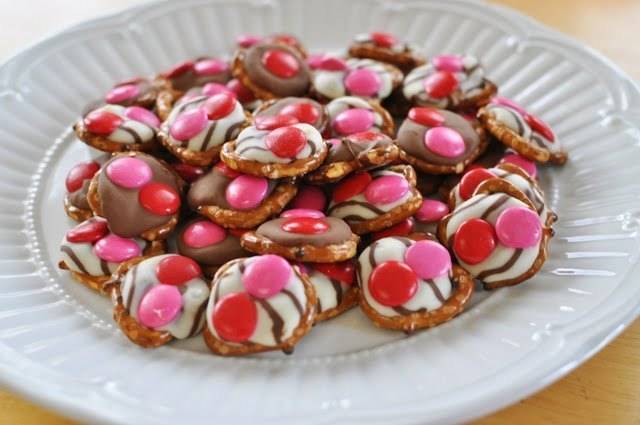 Decorative cookies made with pretzels and M&Ms.