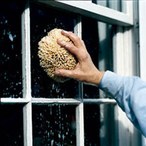 An unseen person in blue uses a sponge to clean a window's pane of glass.