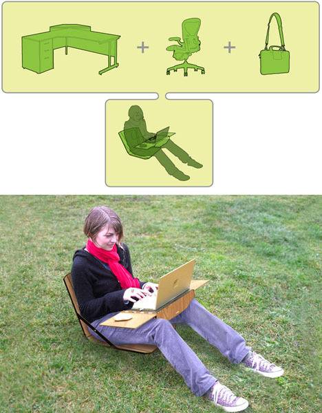 A woman sits on a really low chair in the grass while she uses her laptop.