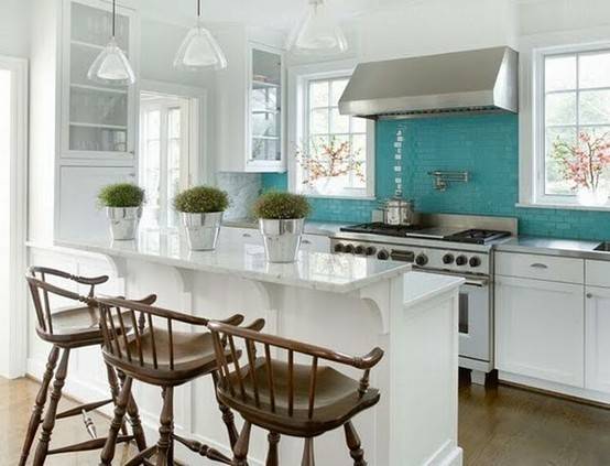 Turquoise style kitchen with indoor plants.