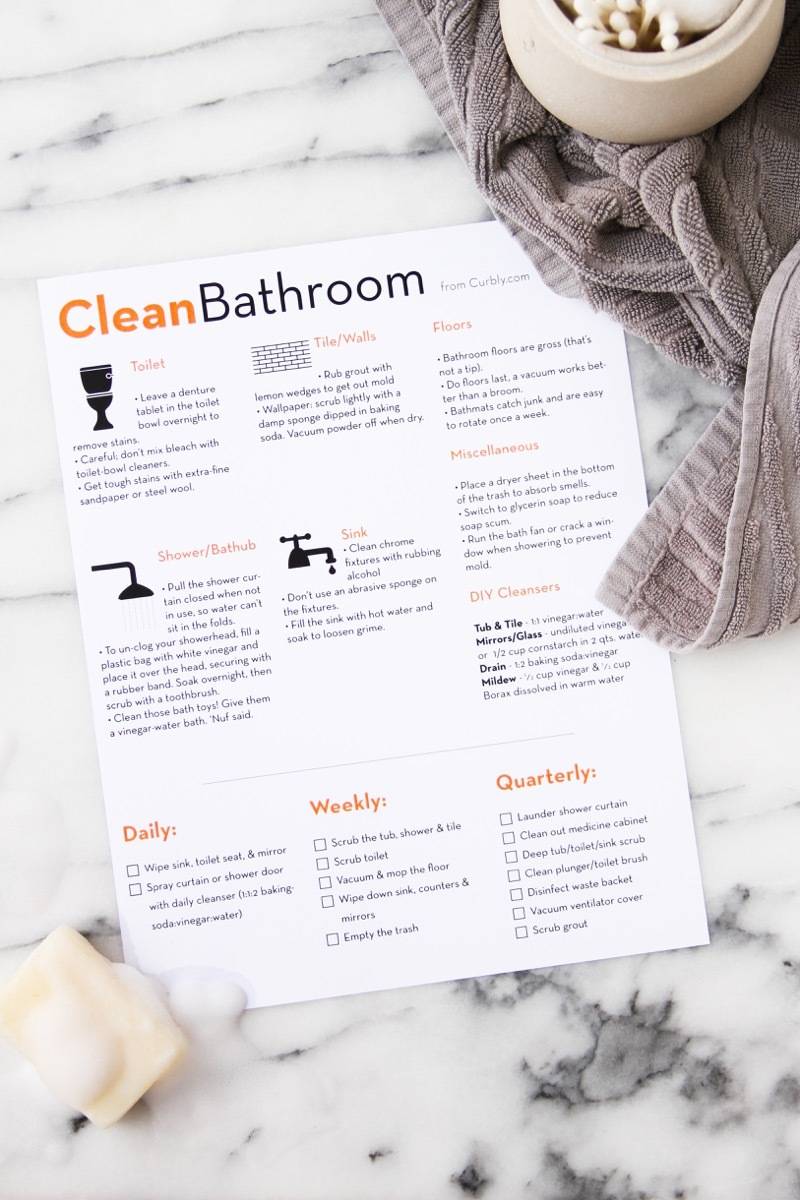 "Bathroom cleaning cheat sheet with informations."