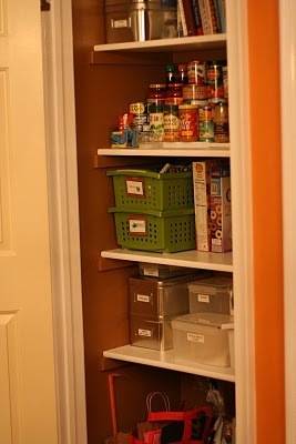 Pantry items arranged in racks.