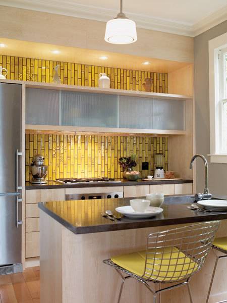 Kitchen with yellow tile.