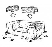 Small couch sitting outdoors on top of grass with portions of its armrests taken off.
