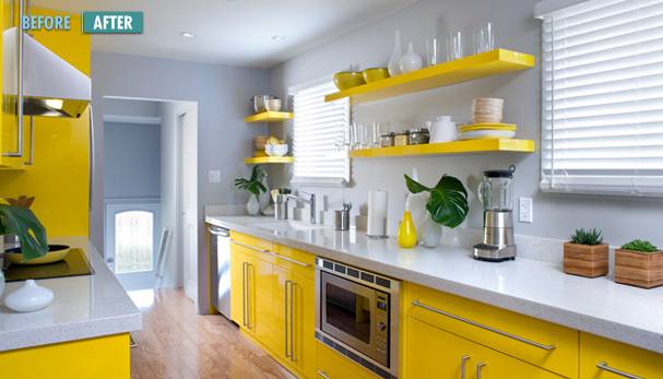 Yellow kitchen with windows.