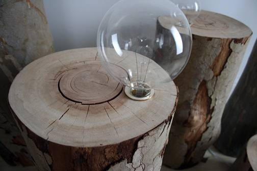 A large, clear round lightbult sitting on a chopped log.