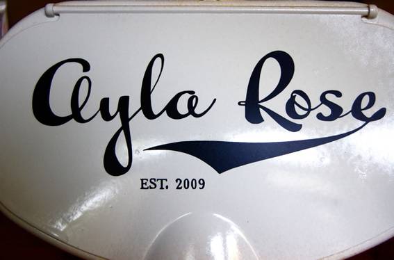 Ayla Rose written in black fonts over a white metal sheet