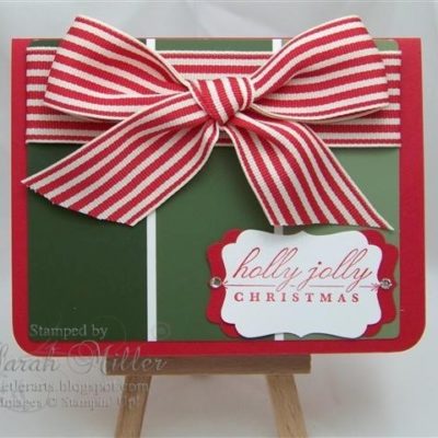 A paint chip holiday card with a bow.
