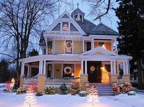 christmas, christmas decorations, house, lights, photograph, snow