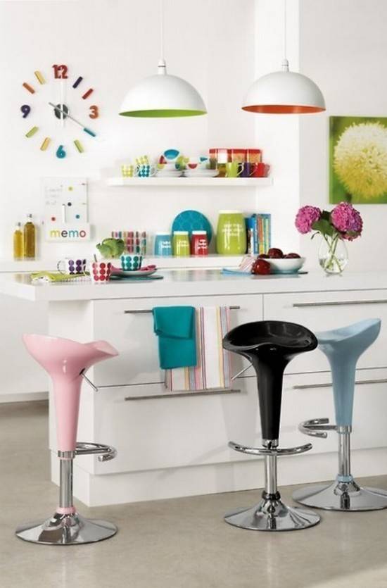 Colorful and artistic kitchen with seating.