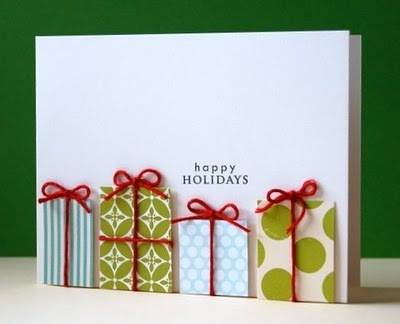 Four decorative gifts on a green and white background.