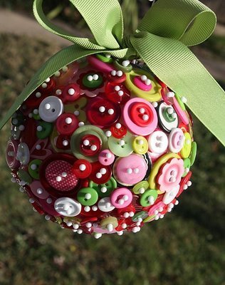 A Christmas ornament covered in buttons.