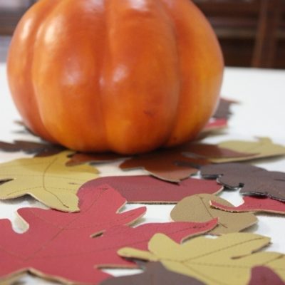 A fall leaf table runner with a pumpkin.