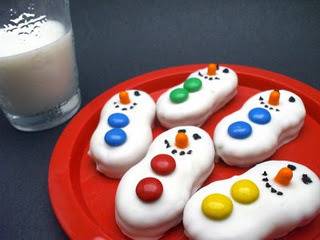 Desserts that look like snowmen sit on a red platter.
