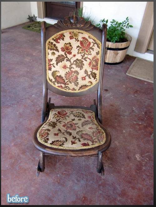 Brown upholstered rocking chair on a porch.