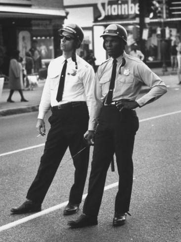 African American and Caucasian Cops on Duty During Hospital Strikers' Protest March Photographic Print