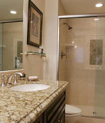 bathroom remodel, granite countertop, granite shower tiles, cherry wood cabinets