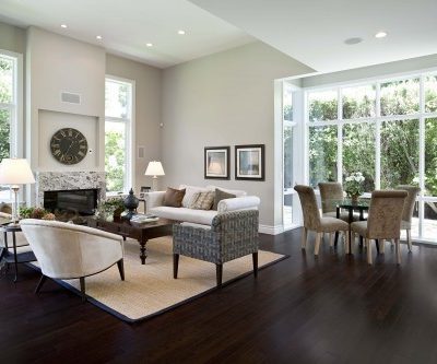 white paint wall color with dark wood flooring