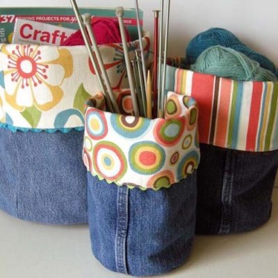 Storage bins made up with jeans.