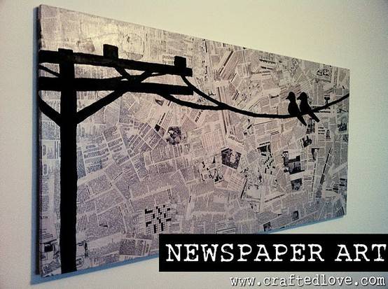 Newspaper art with shadow of electric pole with wires and two birds on it.