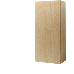 A light wooden shelf is standing alone.