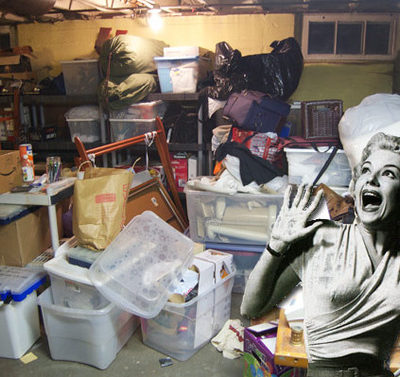 " A woman frightened by seeing the clean up basement "