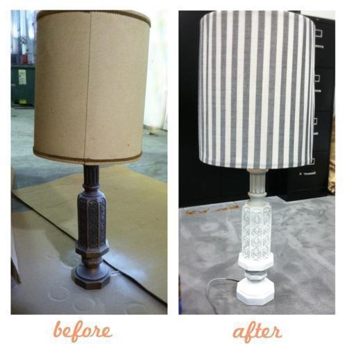 Cheapy lamp makeover. White spray paint (around $4.00) + fabric ($1.50 a yard at Walmart) = Under $6 for the total. And I am sure you can find a lovely lamp like this 70s beauty at any thrift store for cheap cheap as well. We had it at work in an old closet. lol