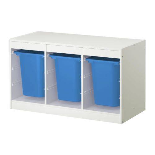 White color bin rack cabinet with blue bins inside.