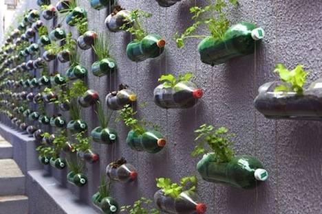 A wall covered in plastic bottle planters.