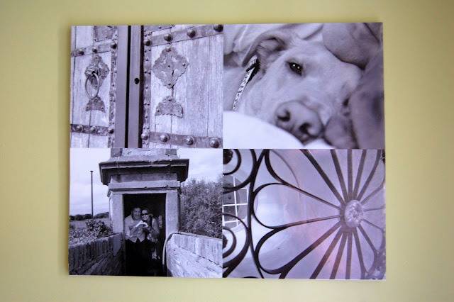 Black and white photos of a closed door, a person sleeping with a dog, two people crouched in a turret and a tranparent daisy umbrella.