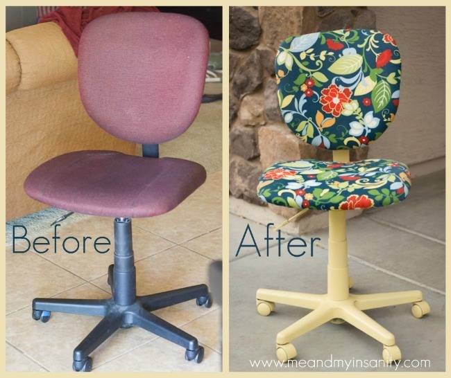 Before and after photos of a chair which is painted and given new look.