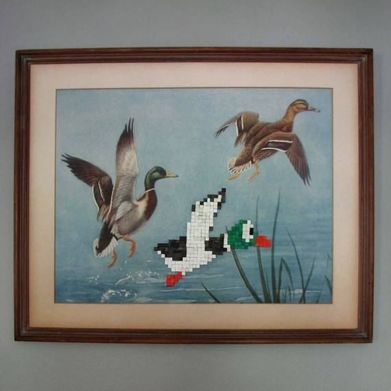 Recycled Book and Vintage Print 8-bit Art - Duck Hunt