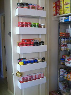 An open pantry door filled with white spice shelves.