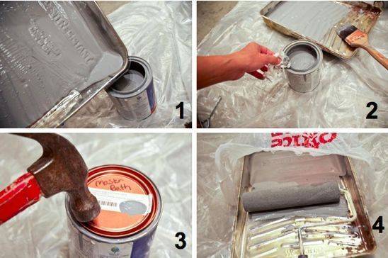 Man storing remaining paint in paint tin step by step.
