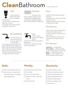 A chart with a checklist explains how to clean a bathroom in text.