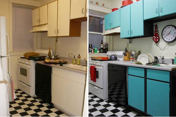 On the left a tan galley style kitchen, on the right the same kitchen in aqua blue.