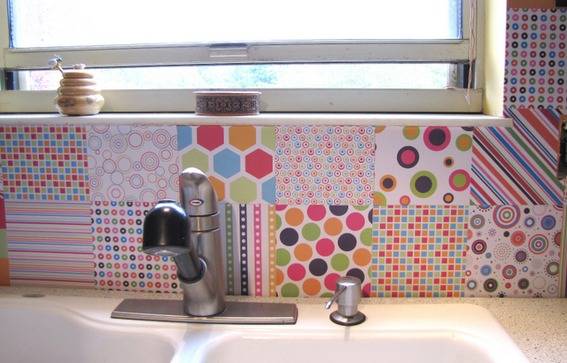 The backsplash area of a sink in various patterns.
